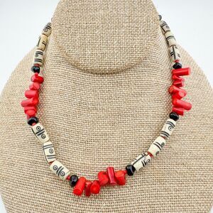 Vintage Red Coral & Tribal Patterned Bead Necklace Handcrafted Toggle Clasp Boho